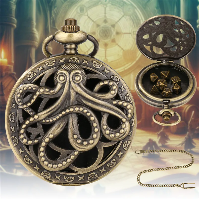 Retro Hollow Octopus Pocket Watch Case Pendant Chain with 7pcs Metal Polyhedral Dice Game Accessory