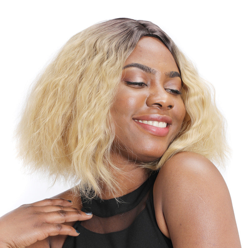 Short Bob Wavy Lace Front Wigs with Dark Root to Mixed Blonde
