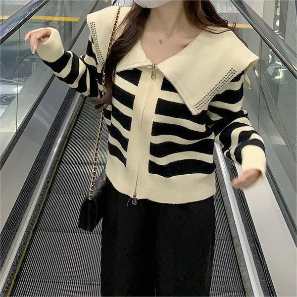 Sailor Collar Striped Sweater Coat with Niche Design and Hot Drilling Details