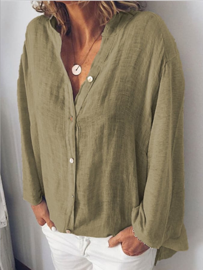 Women's V-Neck Long Sleeve Loose Button Design Casual Shirt