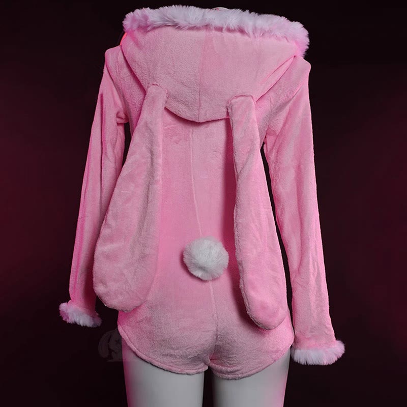 Cosplay Long Bunny Ears Zipper Plush Jumpsuit Lingerie