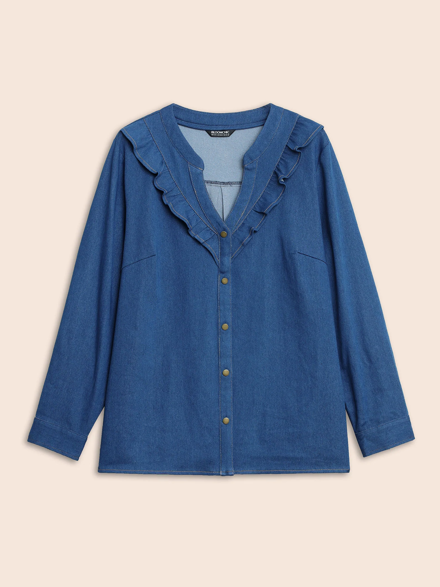 Stretch Denim Lotus Leaf Neckline Shirt