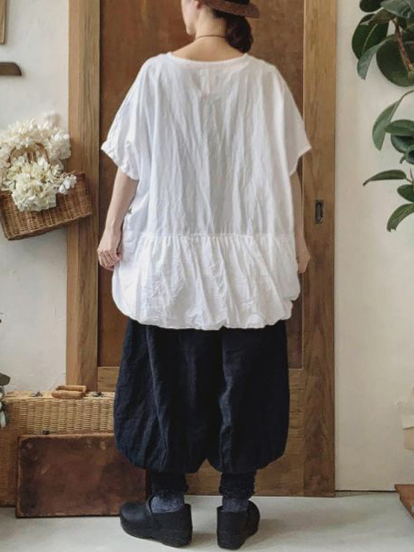 Loose Round Neck Short Sleeve Gathered Paneled Cotton And Linen Shirt