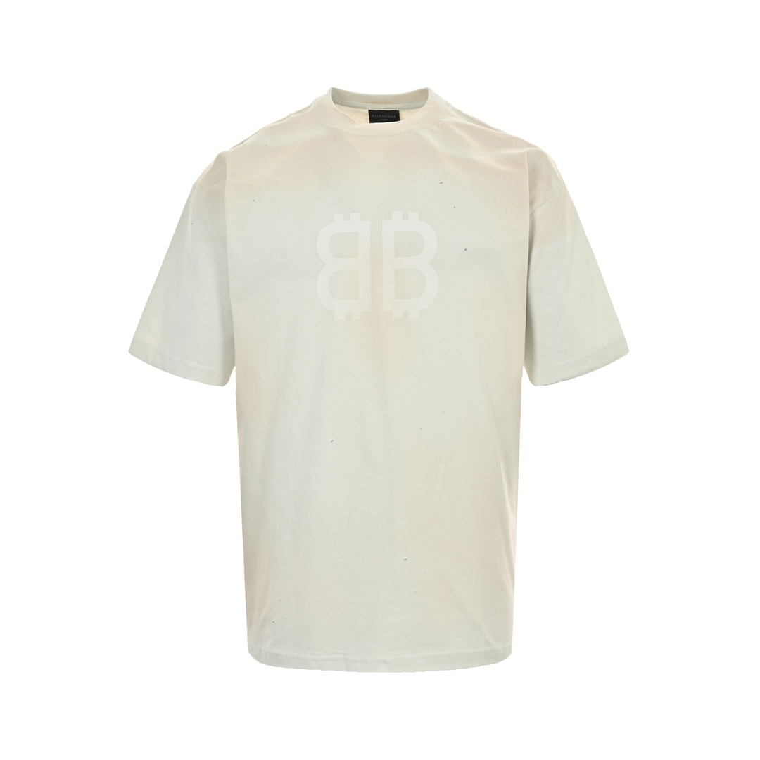 Balenciaga 24ss Bitcoin Double B Washed Distressed Short Sleeve