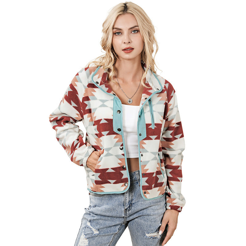 Women's Fleece Jacket with Western Style Color Matching