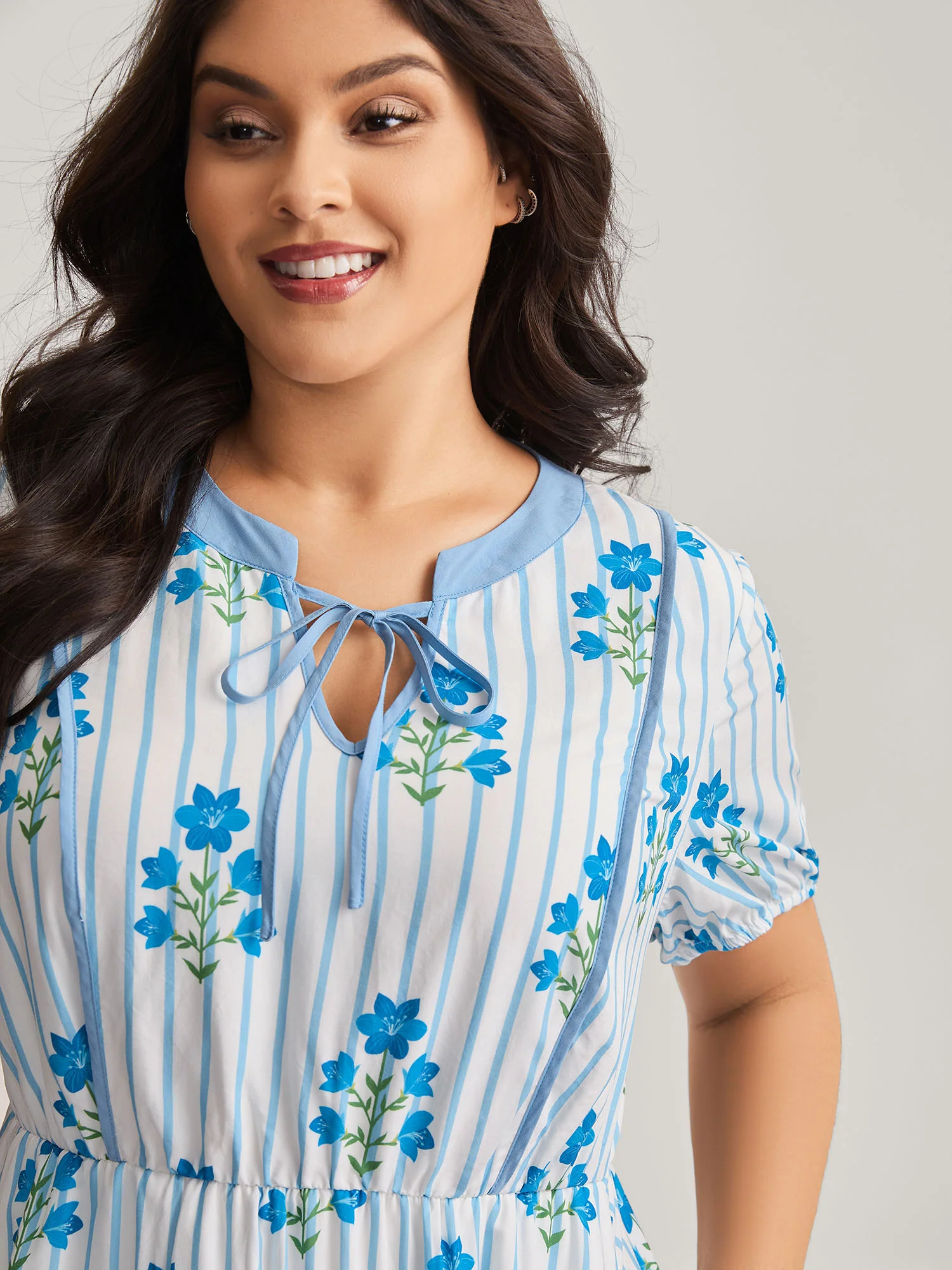 Stripe Floral Notched Neck Tie Midi Dress