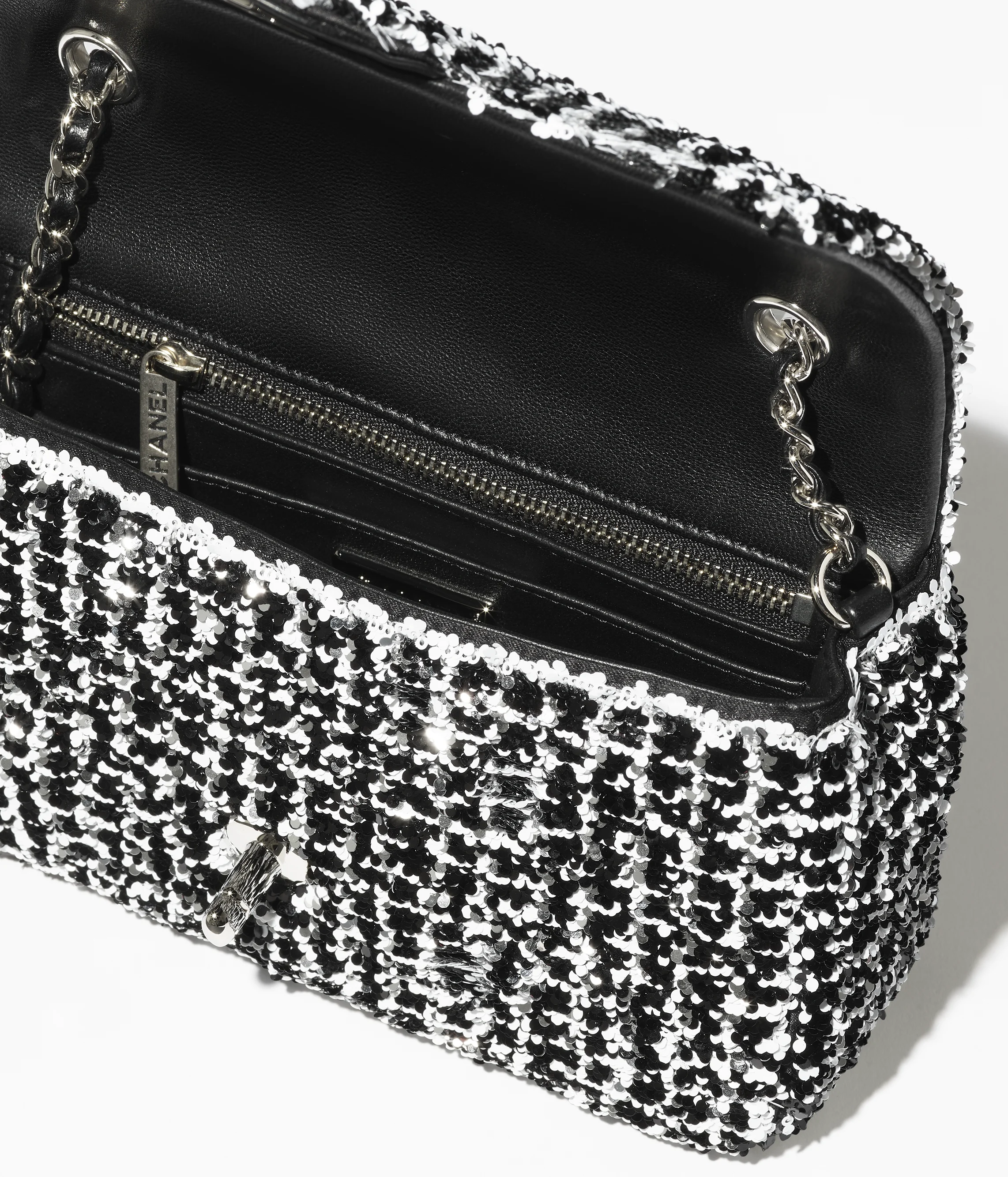 Chanel Small Flap Bag Sequins & Silver-Tone Metal Black, White & Silver AS4418-B19054-NACYG
