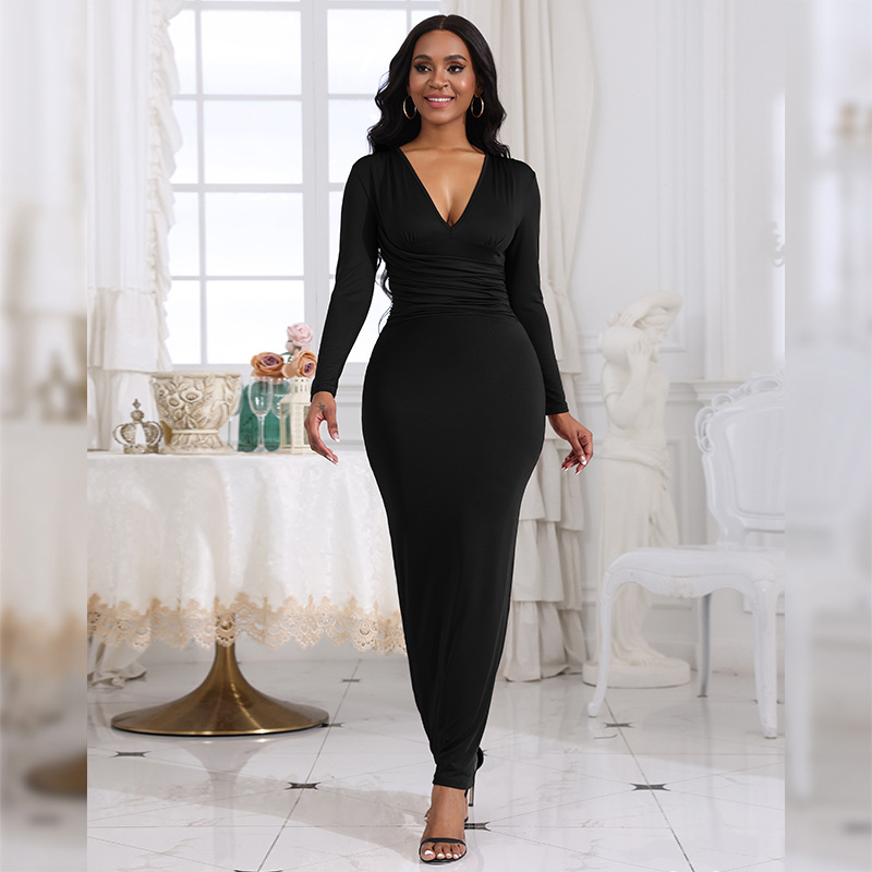 Fashionable sexy v-neck slim pleats solid color long sleeves dress