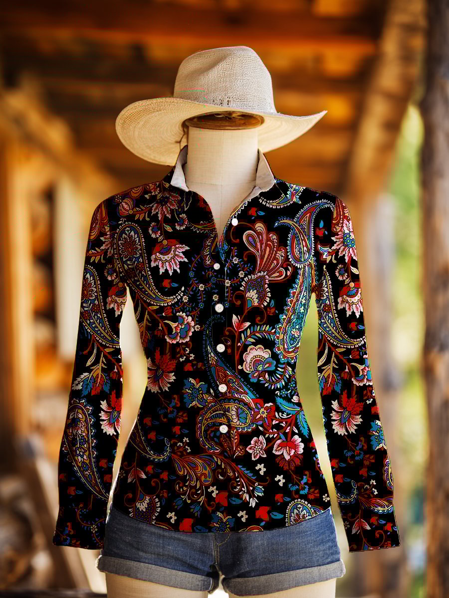 Women's Vintage Paisley Floral Print Western Long Sleeve Shirt