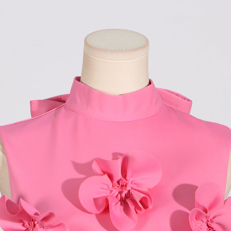 Elegant Elegant Stand Collar Sleeveless Solid Color Dress Three Dimensional Floral Collage Design Maxi Dress