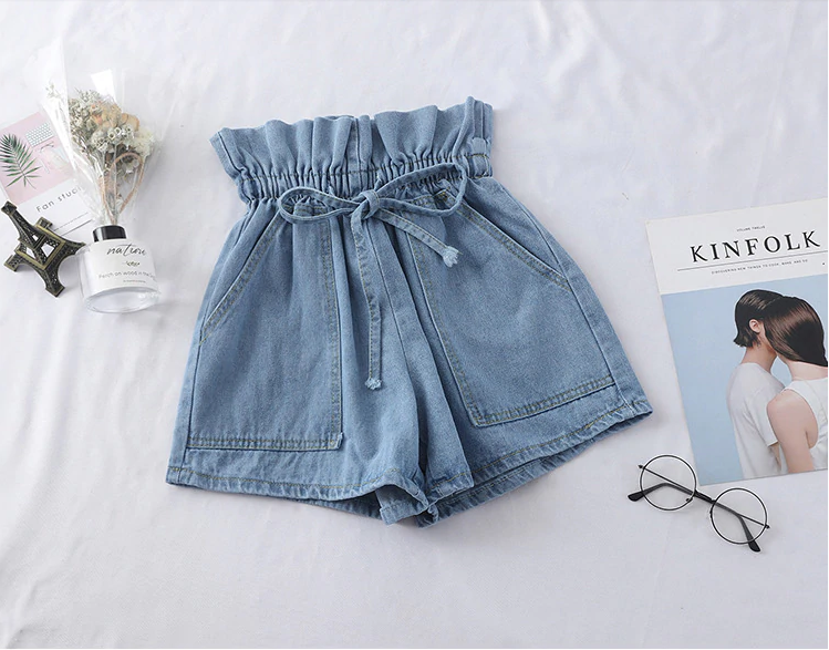 High Elastic Waist Denim Belt Tie Shorts