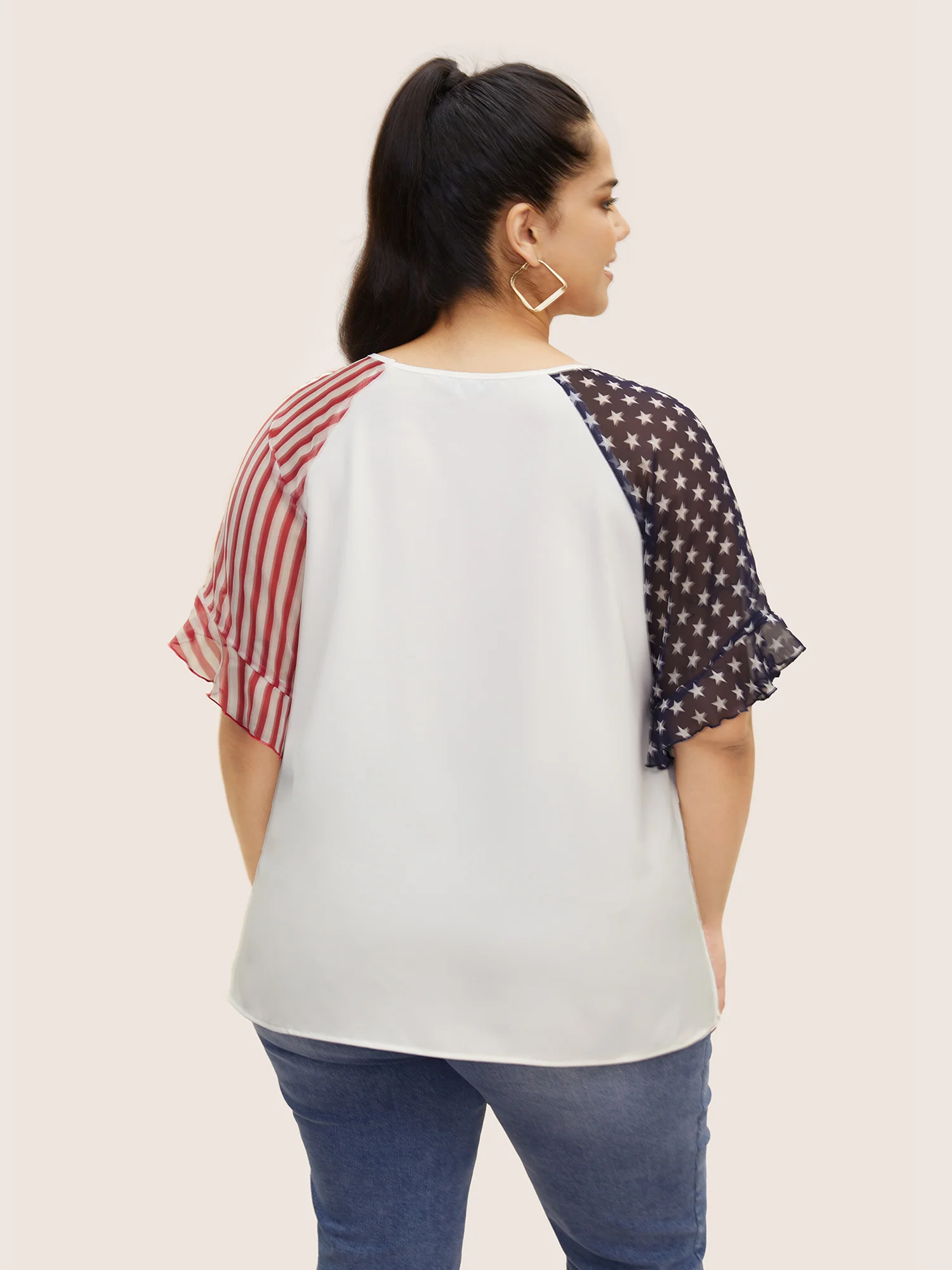 Star & Striped Ruffles Raglan Sleeve Blouse
