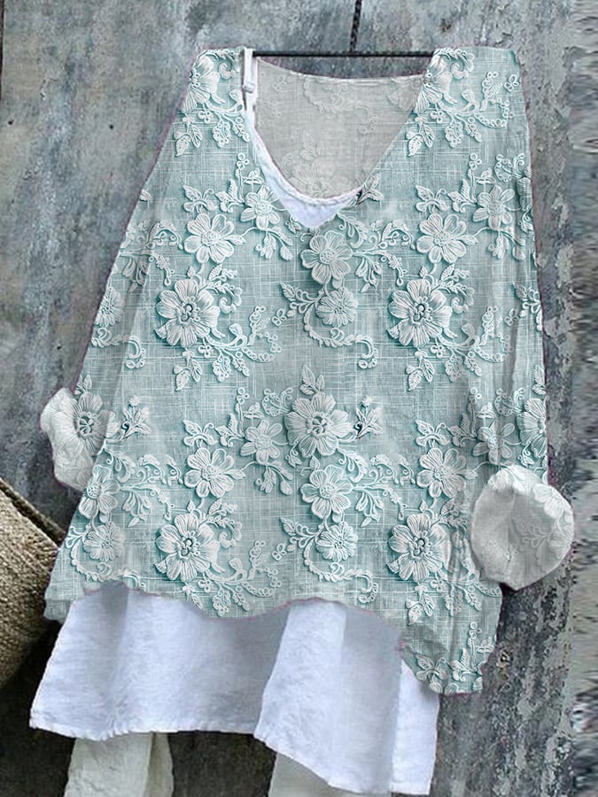 Women's Cotton And Linen Embroidered Printed V-Neck Top