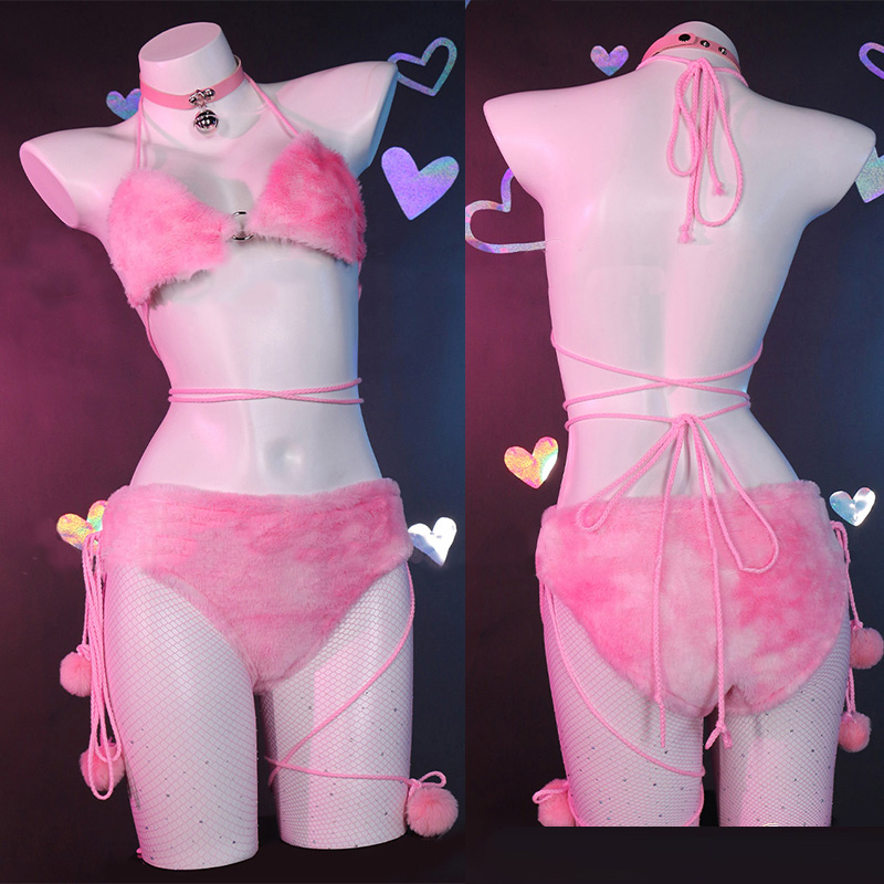 Cosplay Cartoon Kitty Paw Hooded Plush Lingerie Set
