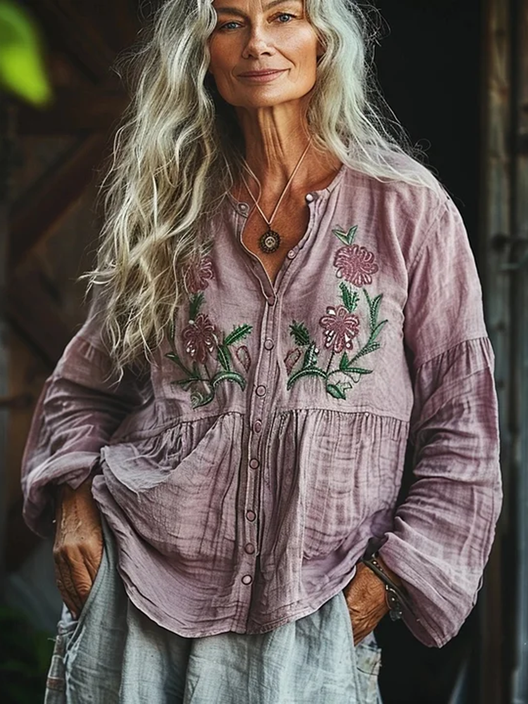Bohemian Style Linen Floral Art Print Long Sleeve Loose  Shirt
