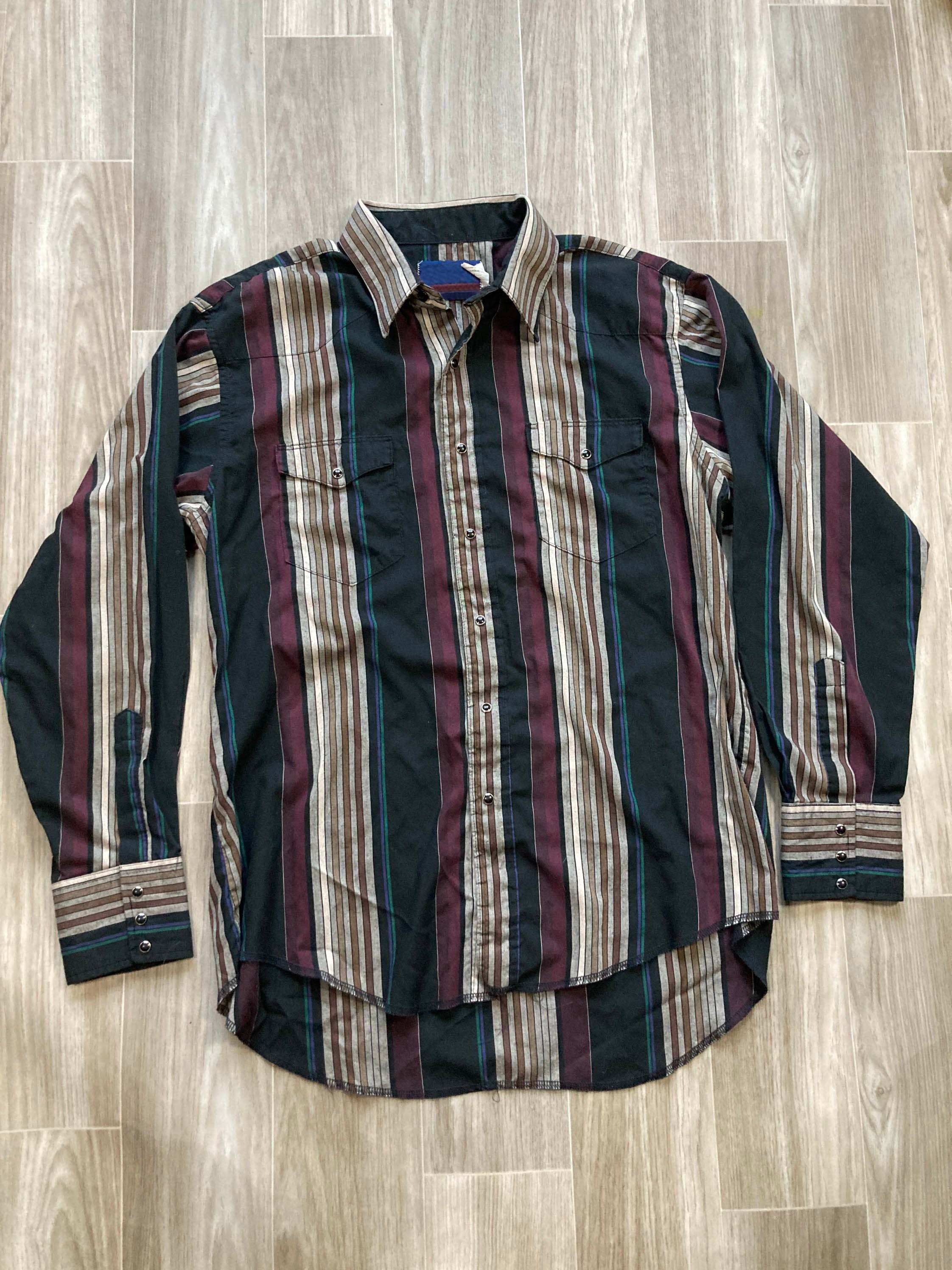 Men's Fashion Western Green Red Striped Long Sleeve Shirt