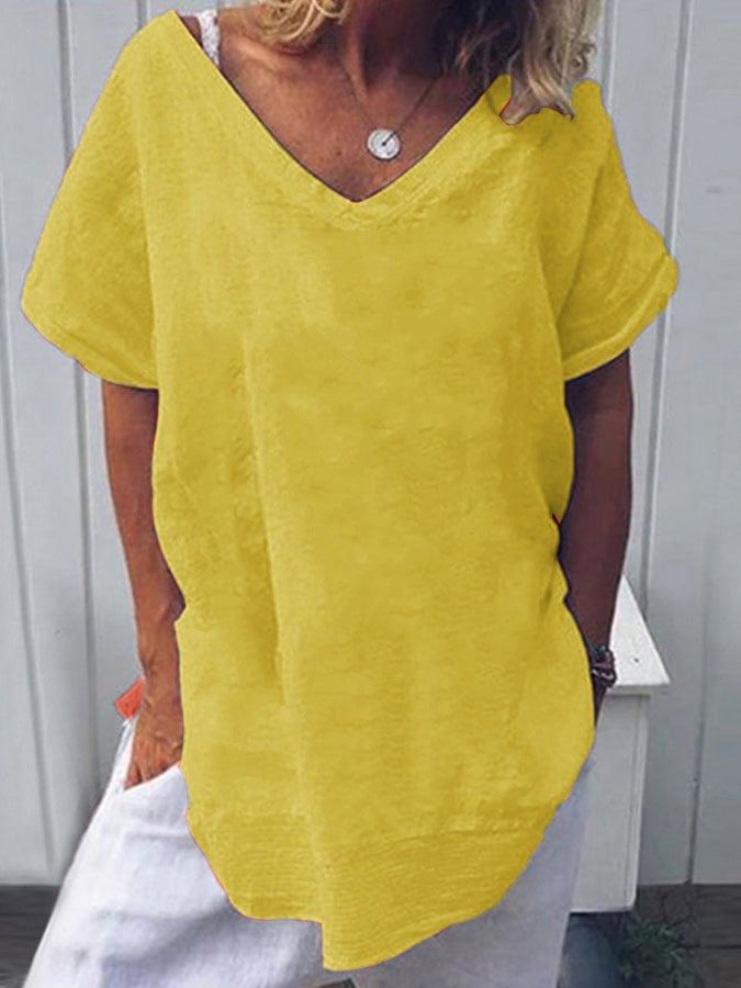 Solid Color Cotton And Linen T-Shirt