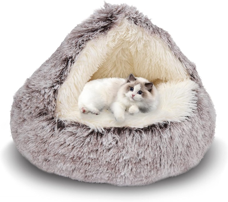 Cat Bed Round Plush Fluffy Hooded Calming Cat Bed Cave for Dogs&Cats