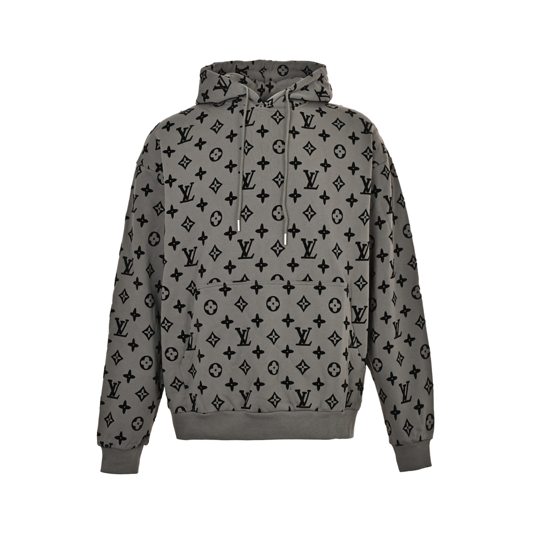 Louis Vuitton 24Fw all-over monogram flocked print hooded sweatshirt