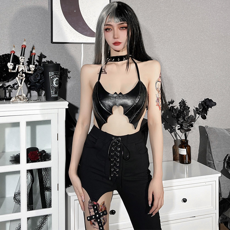 Bat Pattern PU Leather Lace Up Top