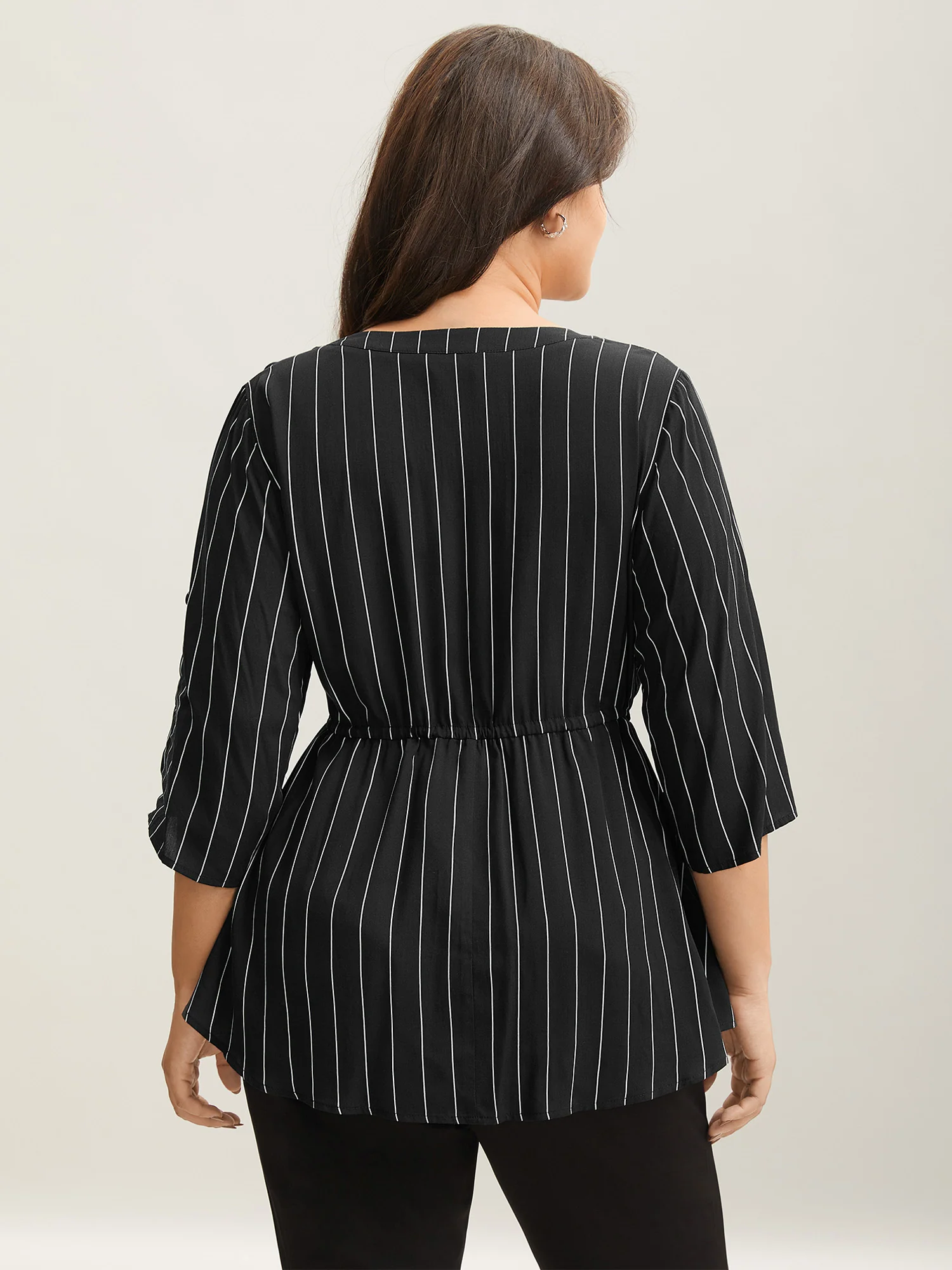 Striped Waist-Tie Pockets Blouse