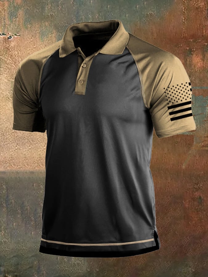 Men's Vintage American Flag Independence Day Color Block Polo Shirt