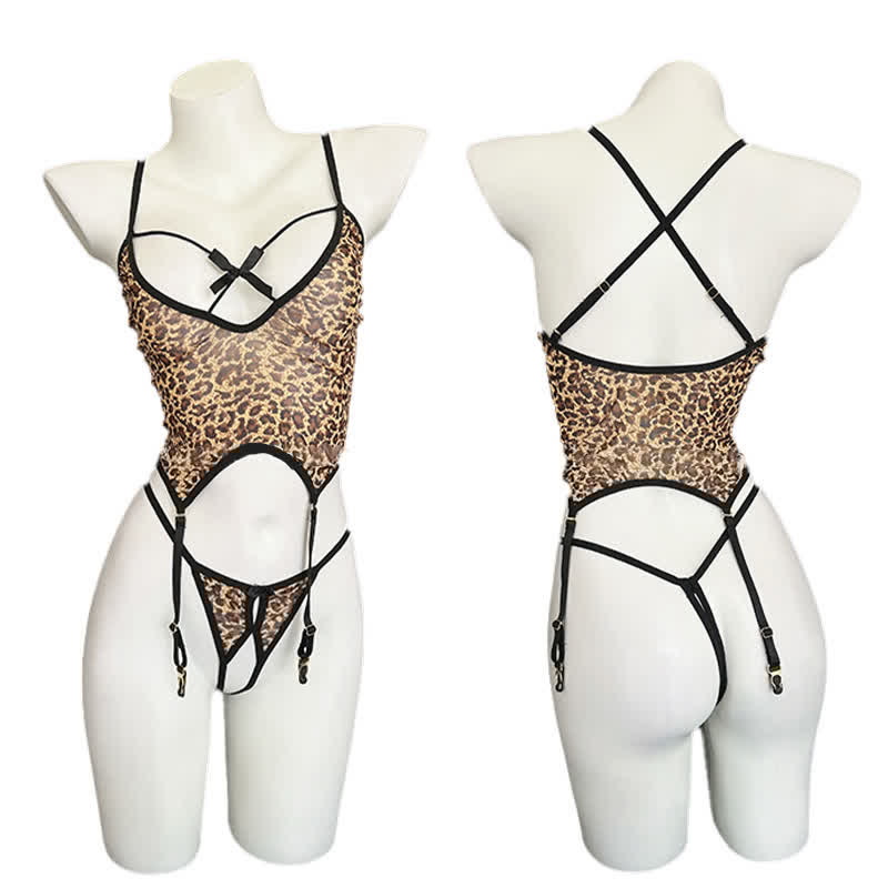 Leopard Print Deep V-neck Hollow Out Sexy Lingerie