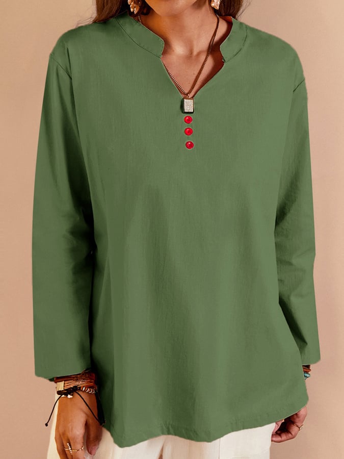 Women's V-Neck Long Sleeve Loose Button Design Casual Shirt