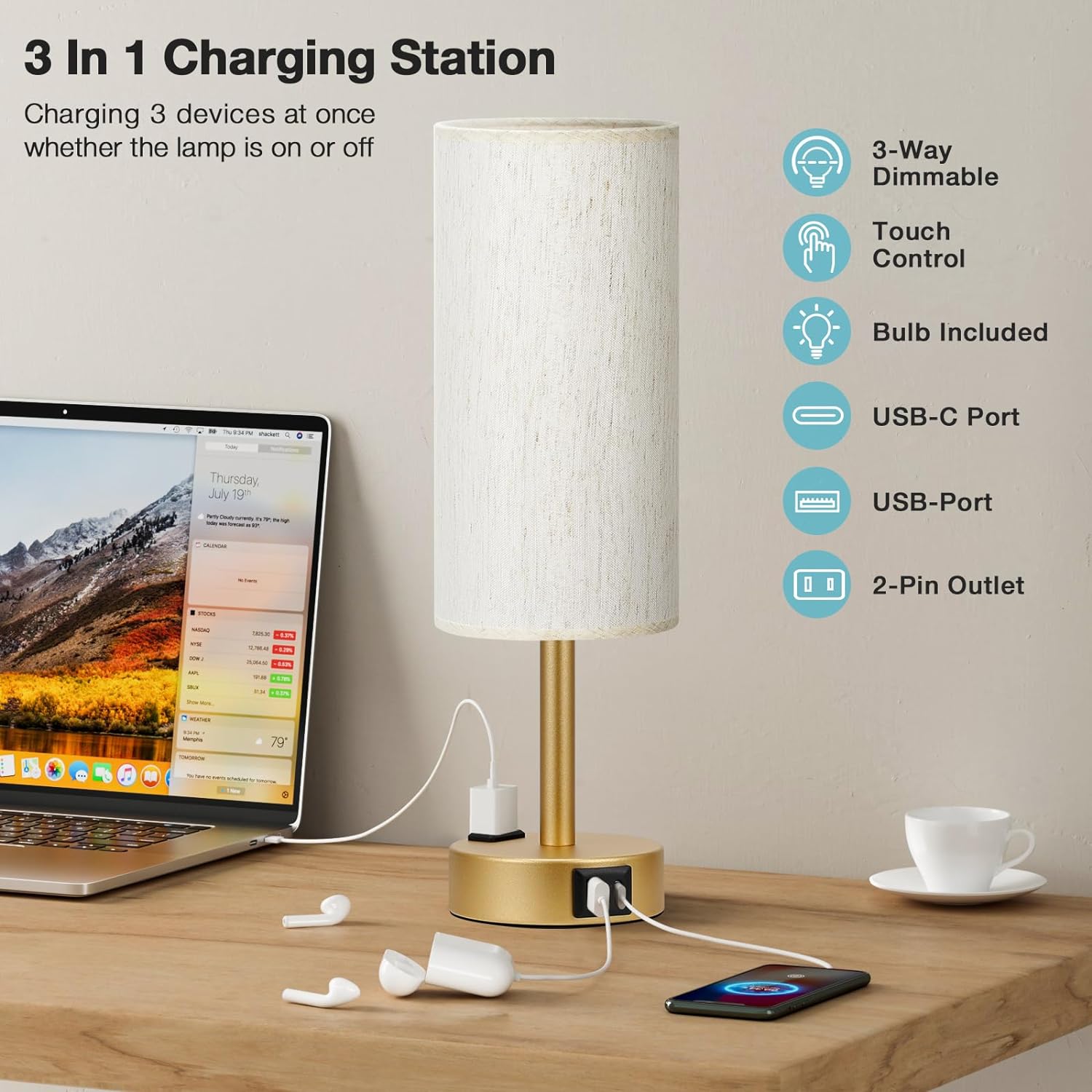 Bedside Table Lamp for Bedroom - 3 Way Dimmable Touch Lamp USB C Charging Ports and AC Outlet, Small Lamp Wood Base Round Flaxen Fabric Shade for Living Room, Desk, LED Bulb Included