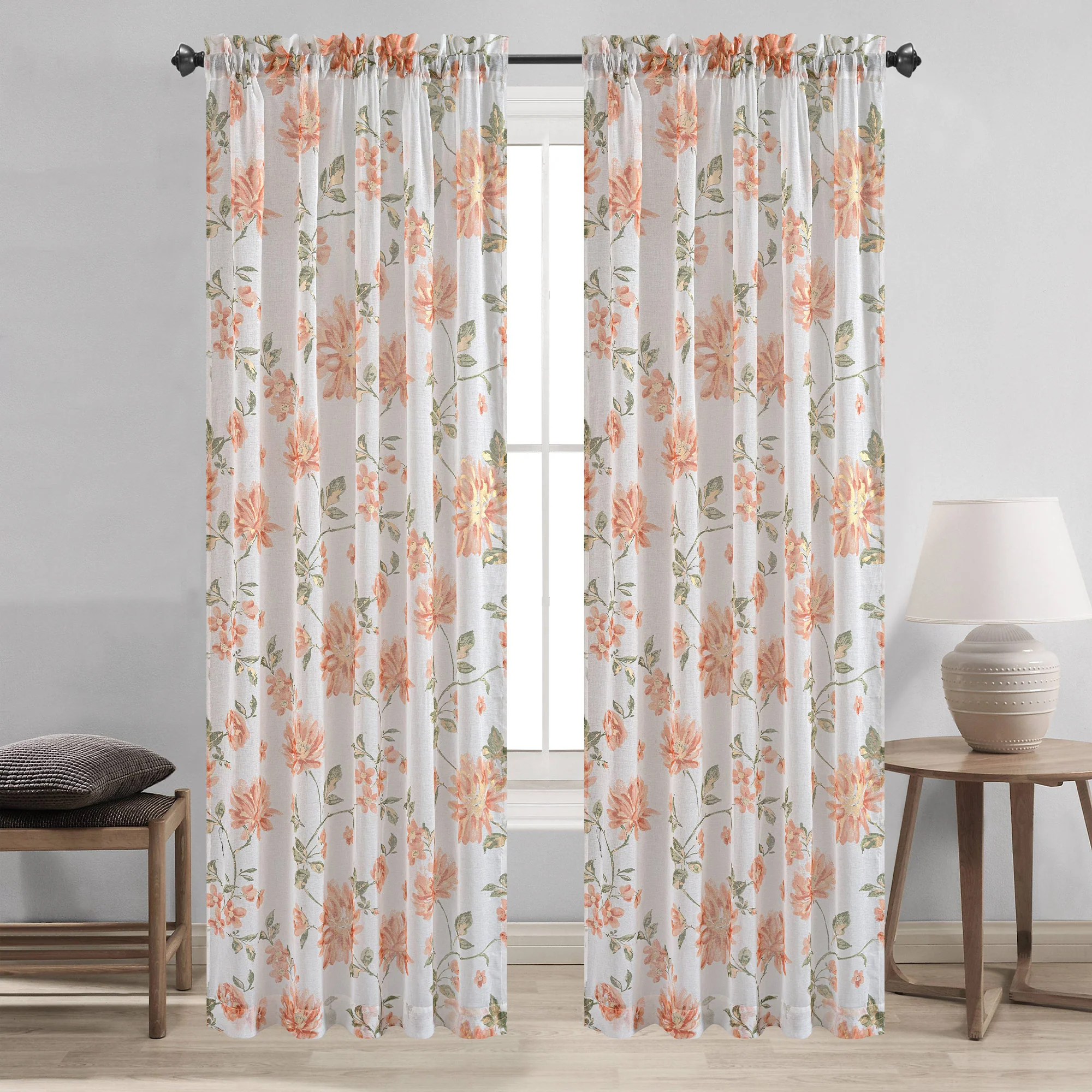 Anna Sheer Metallic Floral Rod Pocket Window Panel & Waterfall Valance, All Sold Separately
