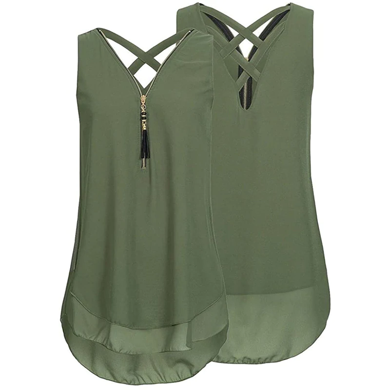 V-Neck Sleeveless Cross Strap Loose Chiffon Shirt Tank
