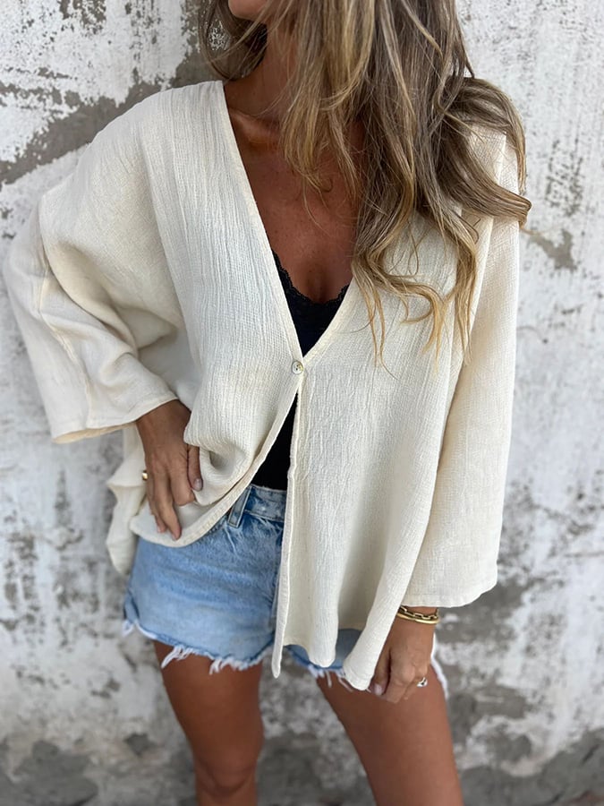 Women's V-Neck Long Sleeve Loose Button Design Casual Shirt
