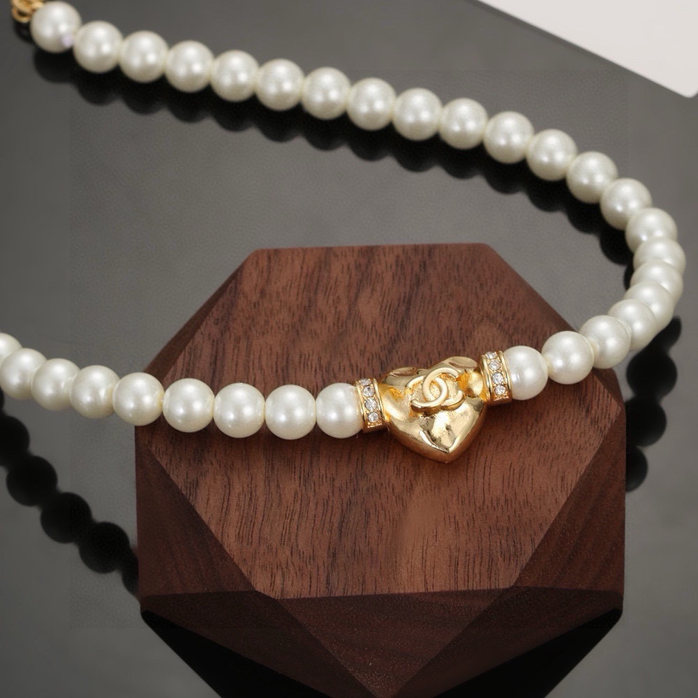 Chanel Heart Peach Pearl Necklace