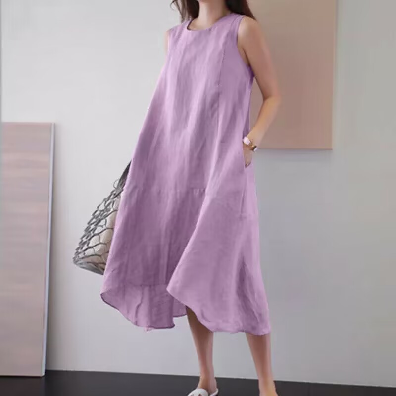 Solid Color Round Neck Tank Midi Dress