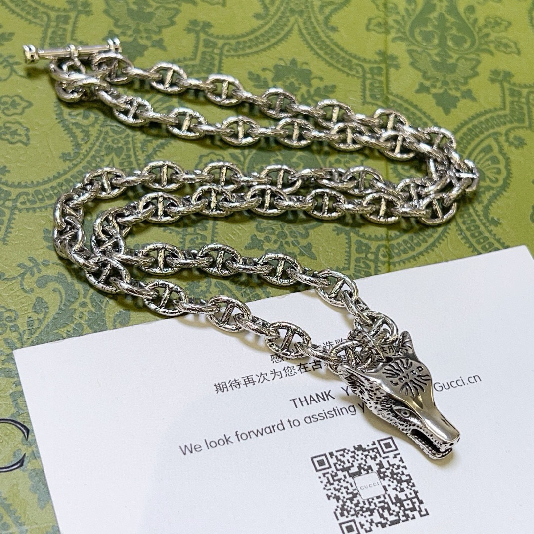 Gucci Anger Forest Series GG Chain Wolf Head Vintage Necklace