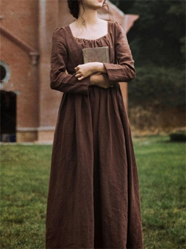 Elegant Retro Square Neck Long Sleeve Maxi Dress