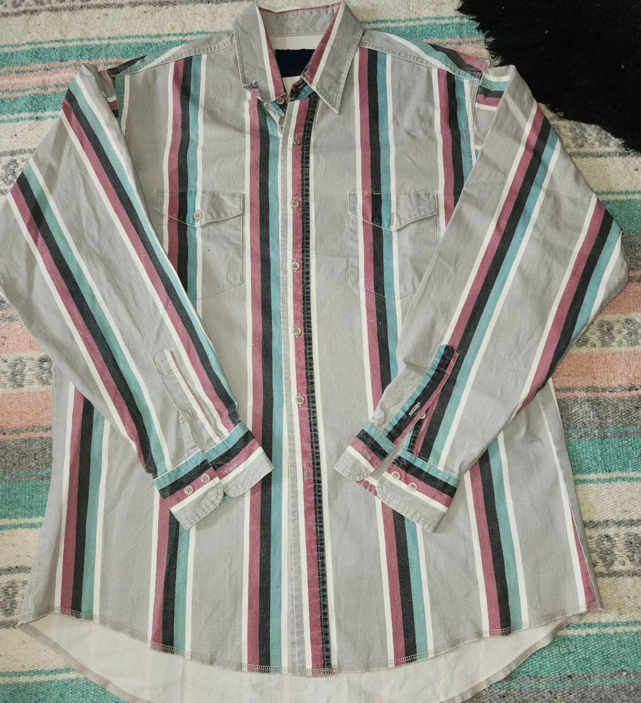 Men's Lapel Casual Western Gray Print Striped Shirt