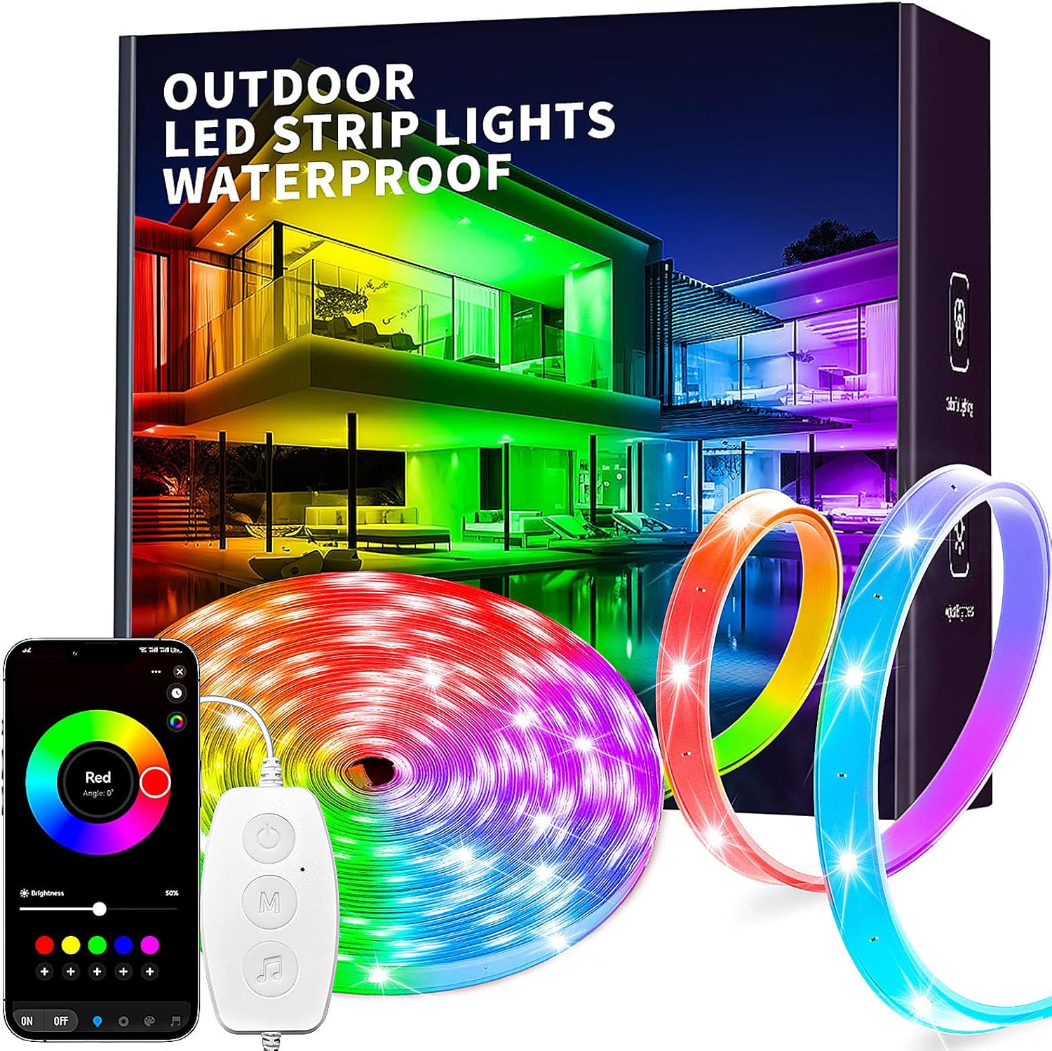 Outdoor IP68 Waterproof Led Strip Lights with Wi-Fi Bluetooth App Smart Control, Music Sync, Timer, Exterior Led Rope Lights for Decor Balcony, Roof, Garden, Pool