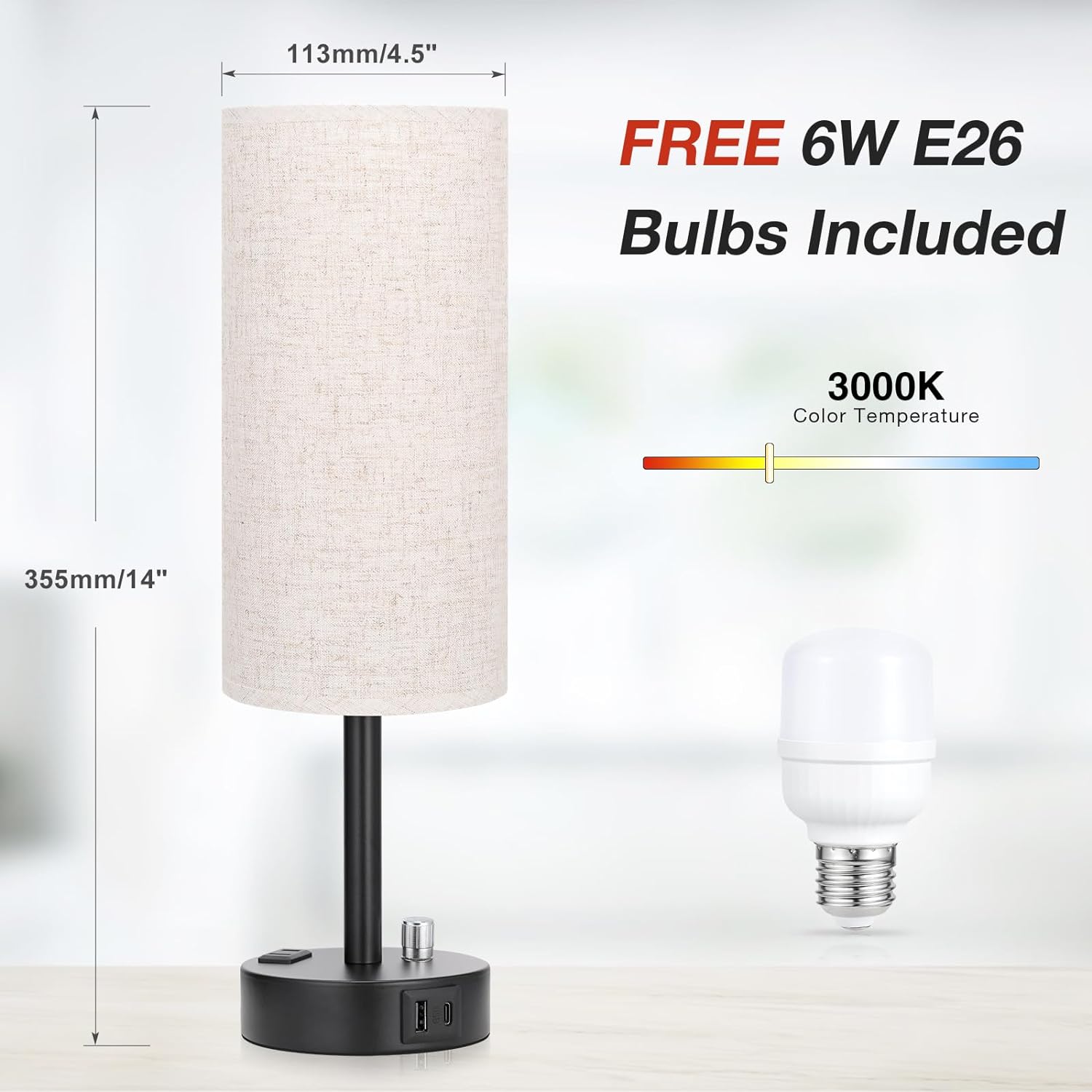 Bedside Table Lamp for Bedroom - 3 Way Dimmable Touch Lamp USB C Charging Ports and AC Outlet, Small Lamp Wood Base Round Flaxen Fabric Shade for Living Room, Desk, LED Bulb Included