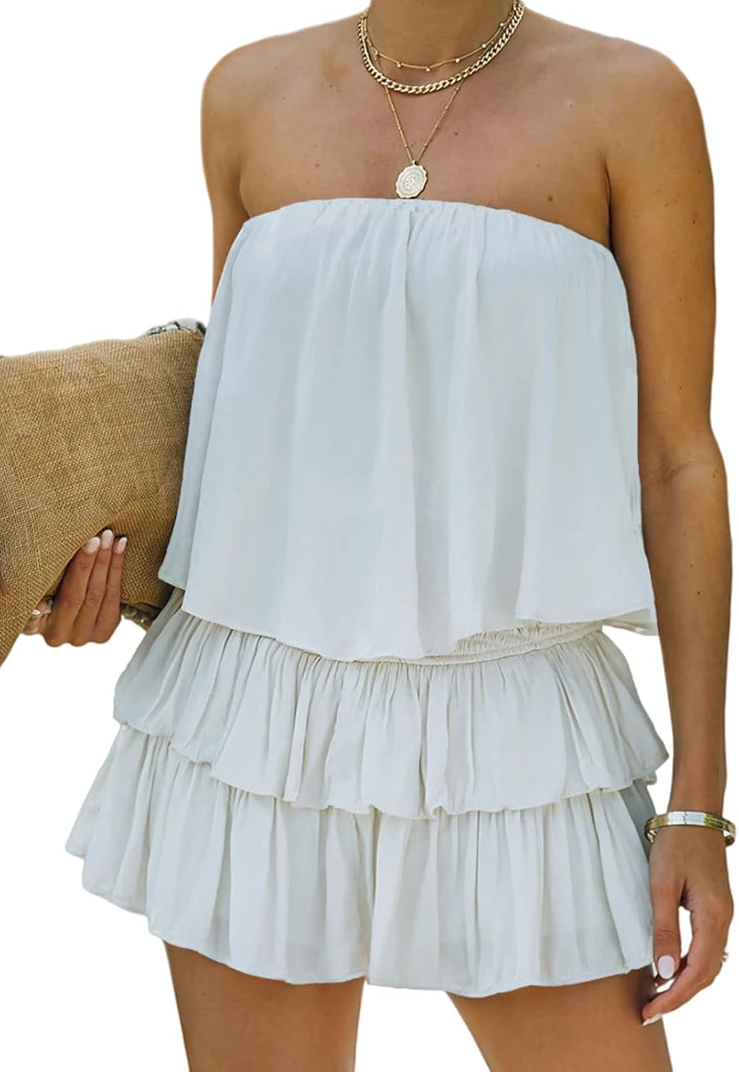 MIRACMODA Women Off The Shoulder Romper Flowy Strapless Smocked Jumpsuit Playsuits Dress