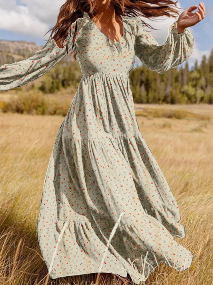 Vintage V Neck Floral Printed Long Sleeve Maxi Dress