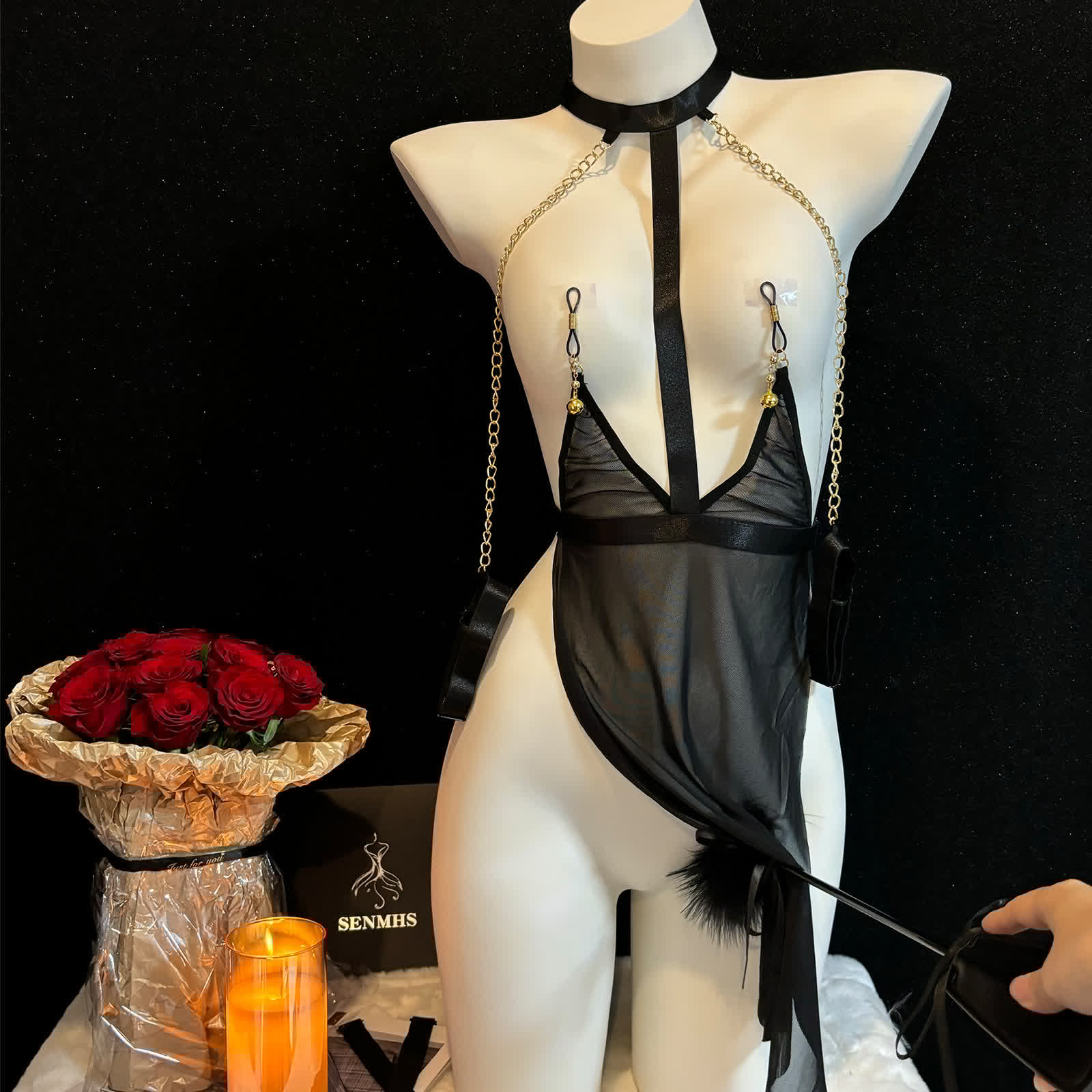 Sexy Mesh See through Chain Lingerie Dress With Nipple Clamps