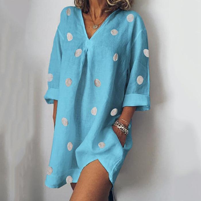 Casual Loose V-Neck Printed Slit Dress