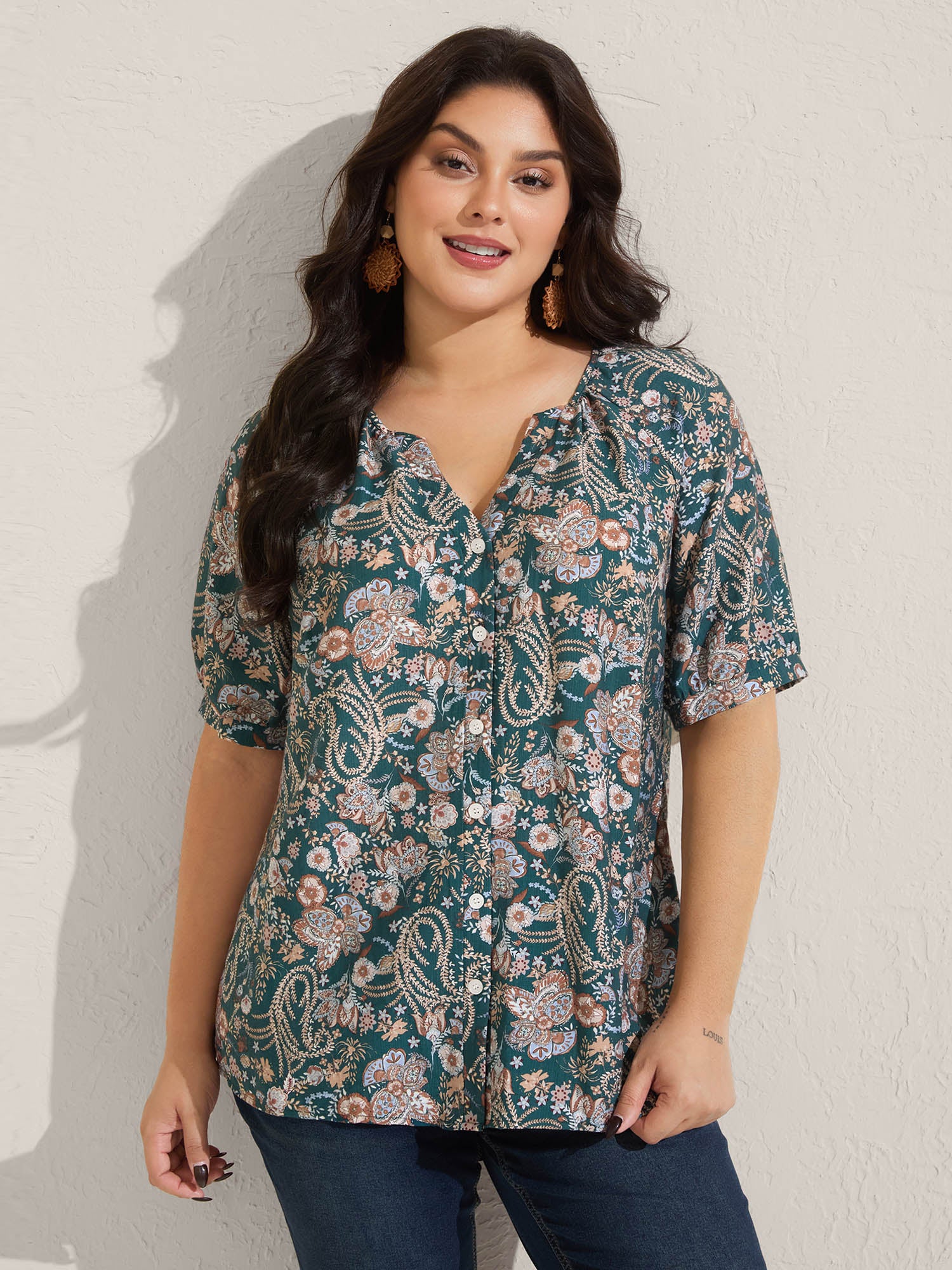 Paisley Print Button Placket Blouse