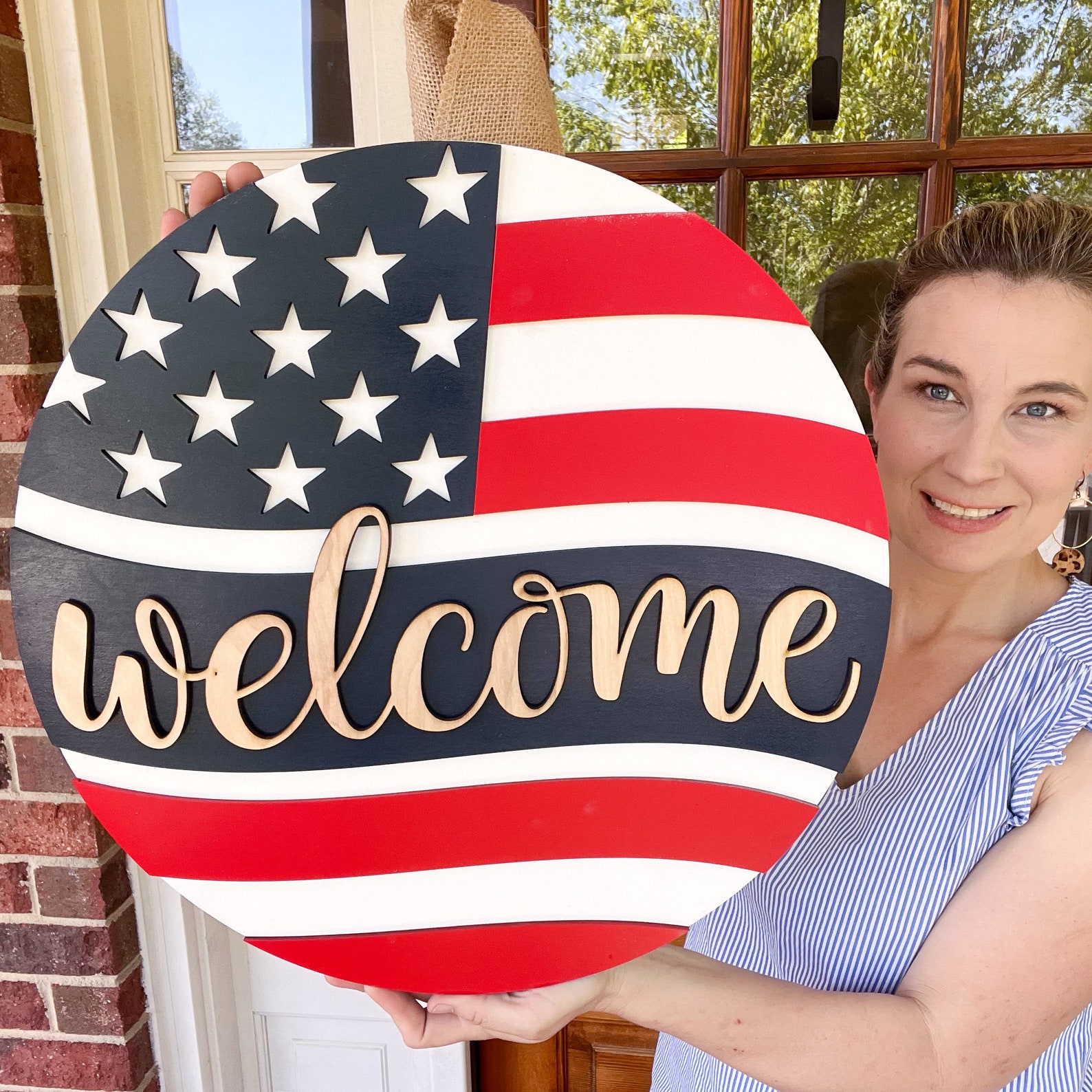 U.S. Sellers🔥4th of July Patriotic Decorations - Red White Blue Wooden Front Door Welcome Sign
