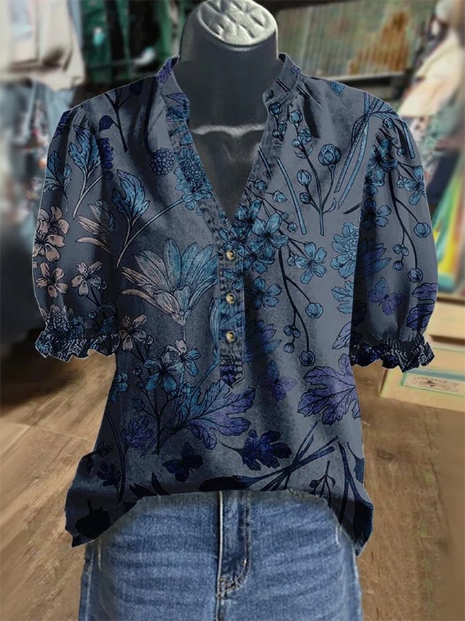 Women's Retro Western Floral Print Shirt