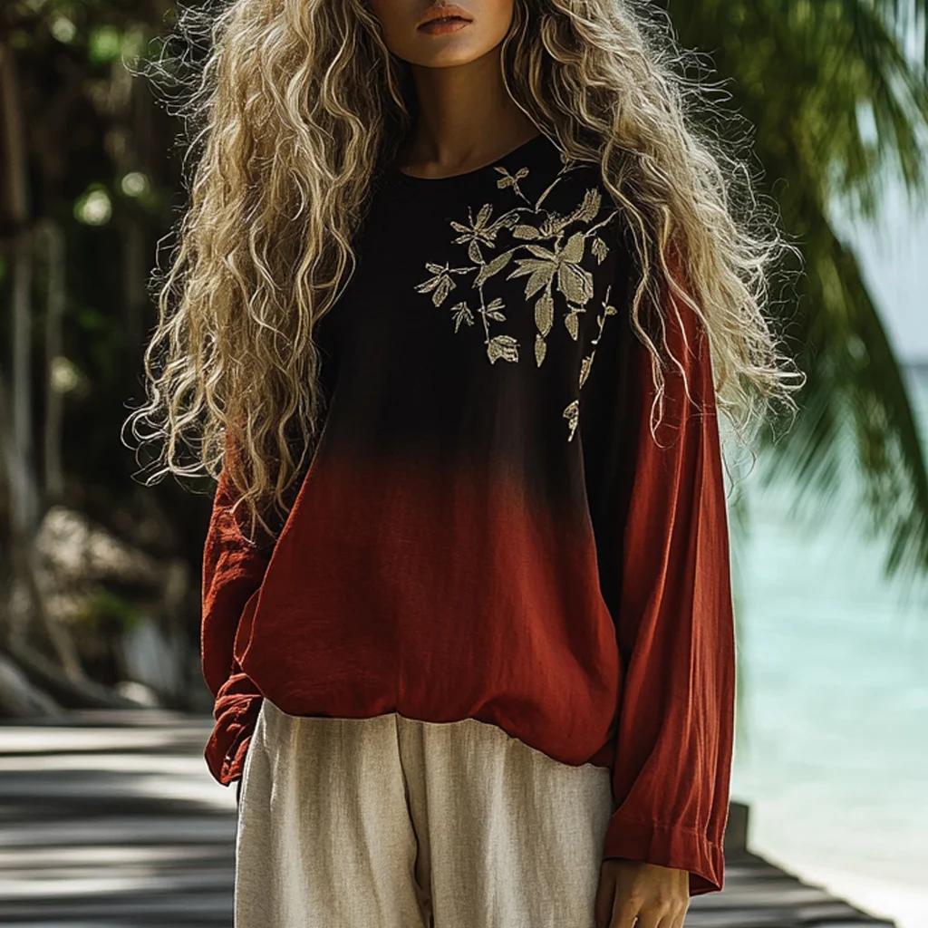 Vintage Bohemian Beach Vacation Gradient Floral Linen Long-sleeved Round Neck Tops