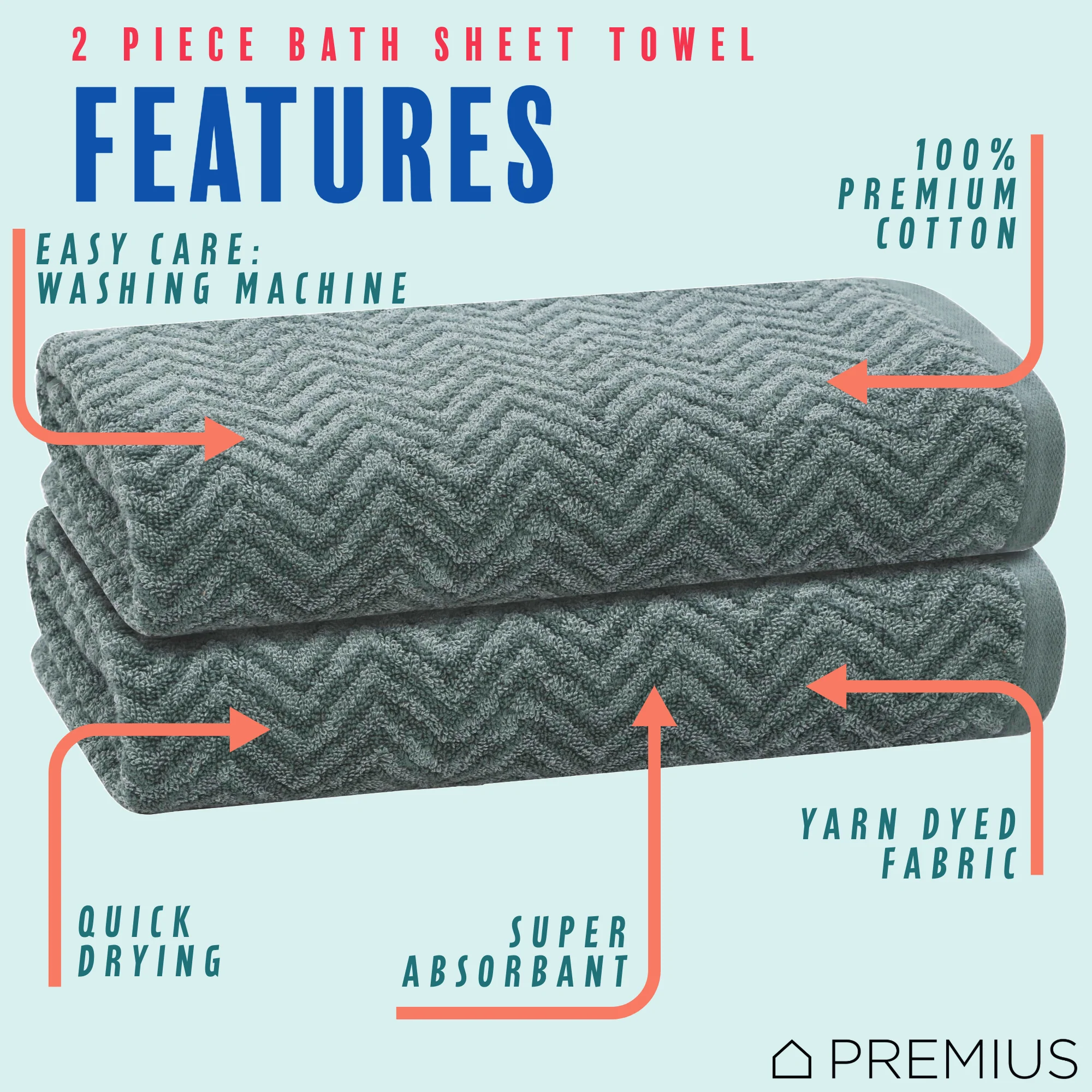 PREMIUS 2 Pack Chevron 100% Cotton Yarn Dyed Bath Sheet Towel, 32x64 Inches