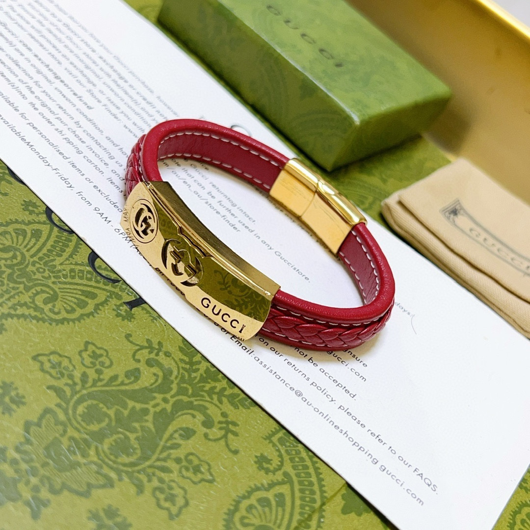 Gucci Braided Red Leather Gold GG Bracelet
