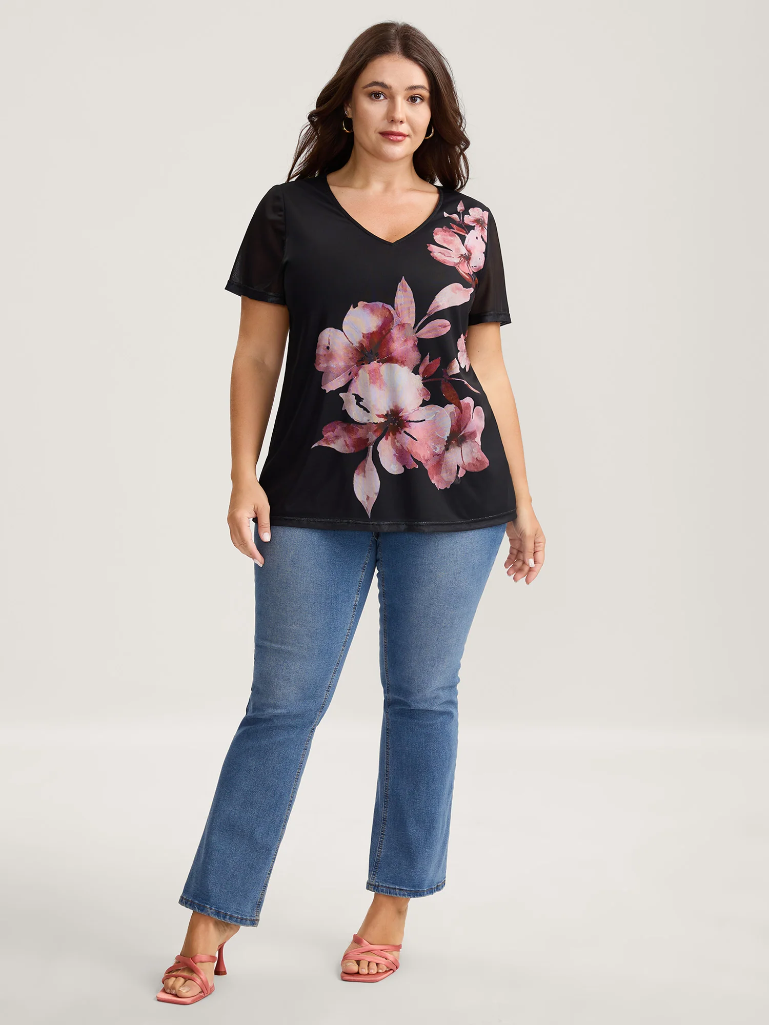 Romantic Floral Motif Sheer Knit T-Shirt